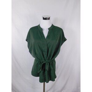 CICI Bird Dark Green Button Front Waist Tie Blouse Short Sleeve L - Excellent